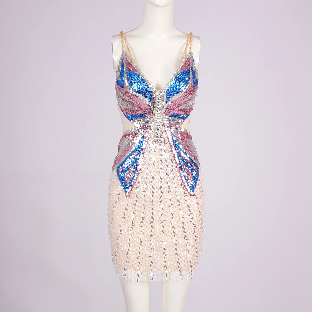 ラインストーンバタフライ装飾カットアウトスパンコールミニドレス - スパゲッティストラップバックレスパーティーナイトアウトウェア Vestido