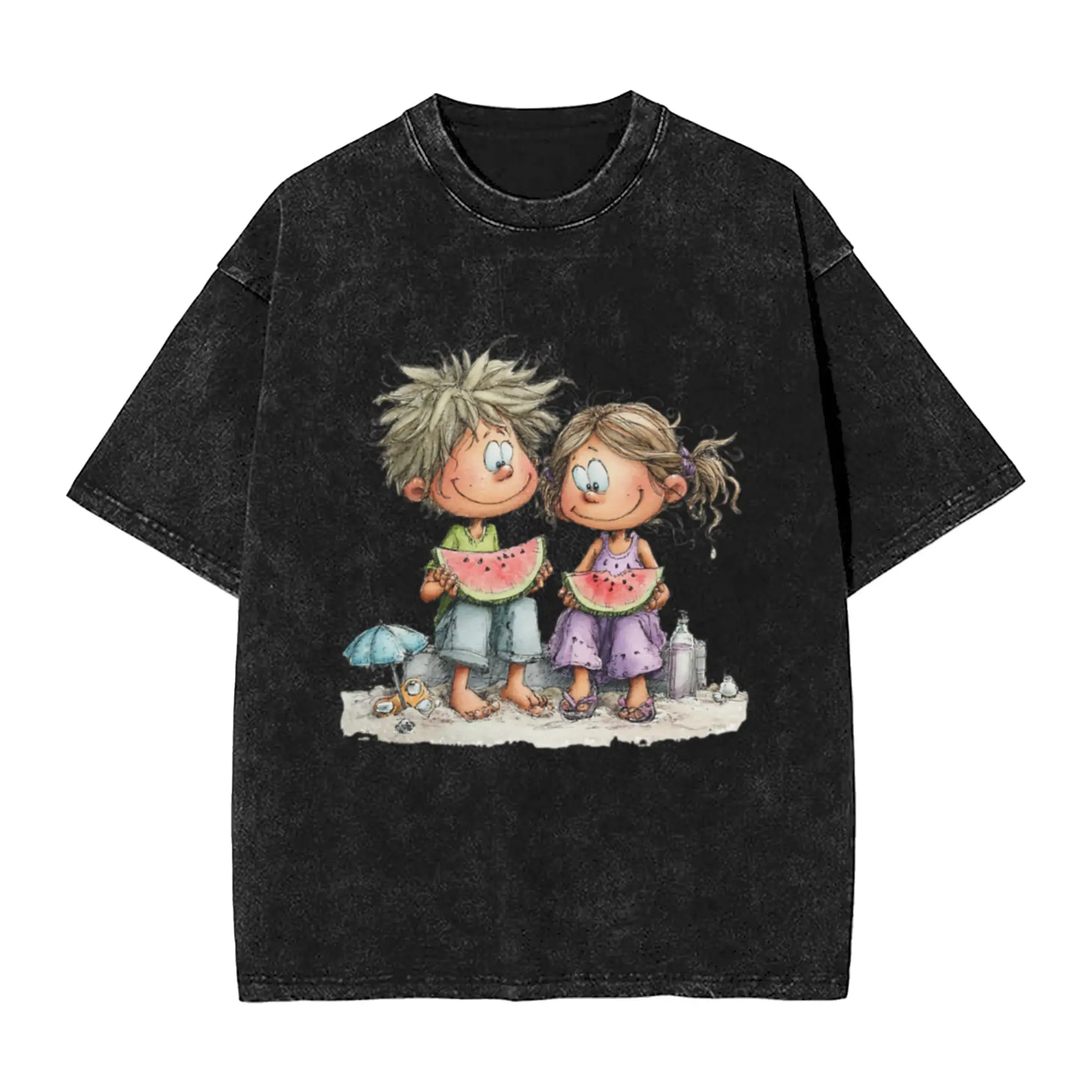 Cute boy and girl eating mellon - whimsical design Unique Trendy A T-Shirt Oversized Short Sleeve Men's Women's Cotton Tees Tops