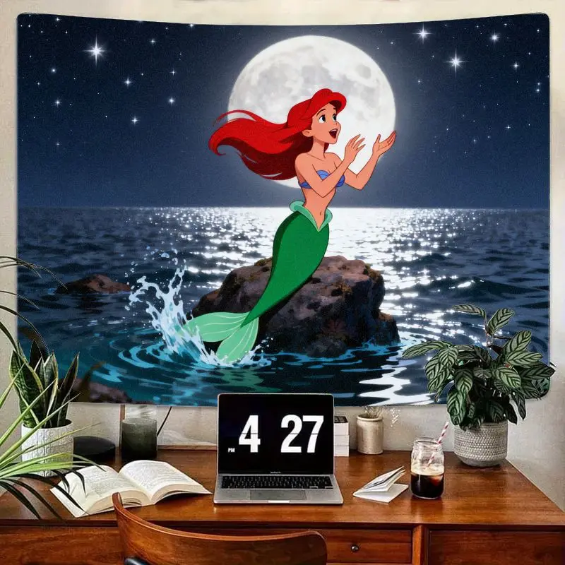 

1PC Disney Ariel Little Mermaid Tapestry, Full Moon Night Sea Fantasy Aesthetic Wall Art for Bedroom Living Room Decor Gift.