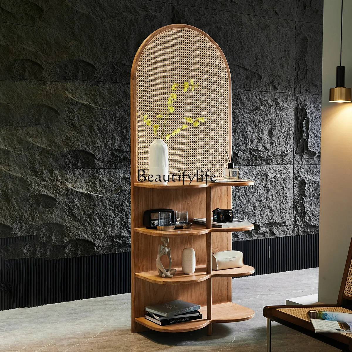 Japanese-style solid wood screen partition, living room, homestay rattan rack, cover magazine storage, bookshelf