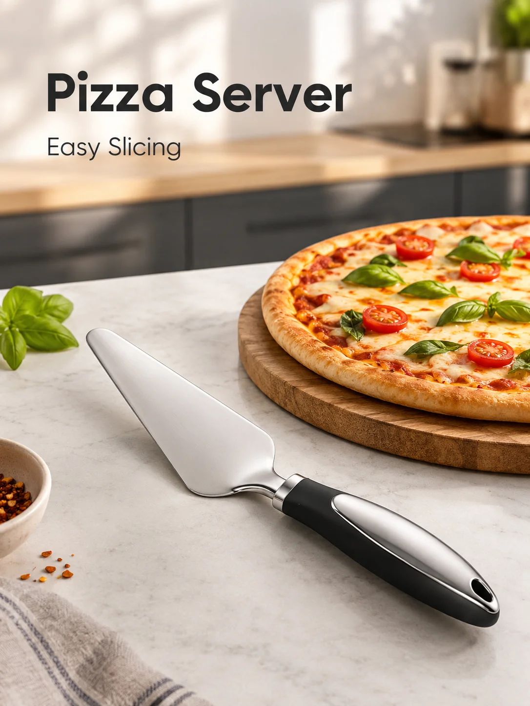 Stainless Steel Pizza Server Cutter, Wide Triangular Pizza Spatula with Ergonomic Black Handle, Pie Cake Cheese Slice Lifter, Durable Baking Serving Tool for Pizza, Pastry, Lasagna, BBQ, Kitchen Prep and Home Cooking