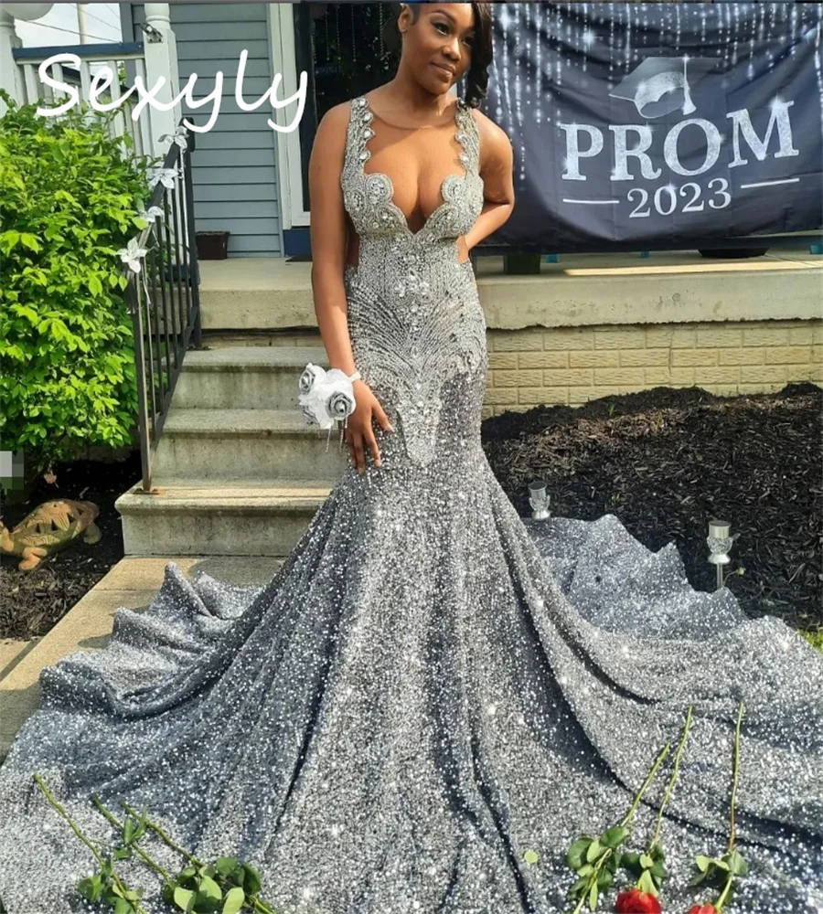 Sparkly Silver Sequin Prom Dresses Diamond Mermaid Luxury Evening Dress 2025 Backless Plus Size Holiday Birthday Gown Customized