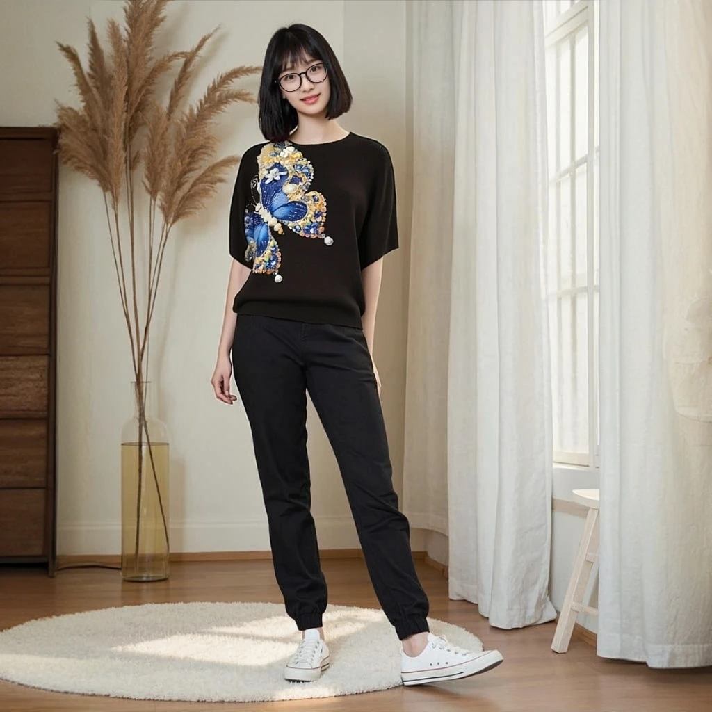 

Miyake Folds 2025 Butterfly Printed T-Shirt Women's Short Sleeve Summer New Loose Large Size Bat Sleeve Crew Neck Top Women