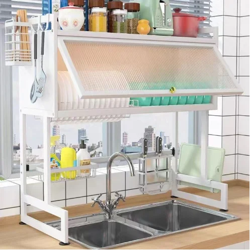 Factory Supply Kitchen Dish Rack Dust-Proof Cover Dish Drying Rack Over The Sink with Drainage Tableware