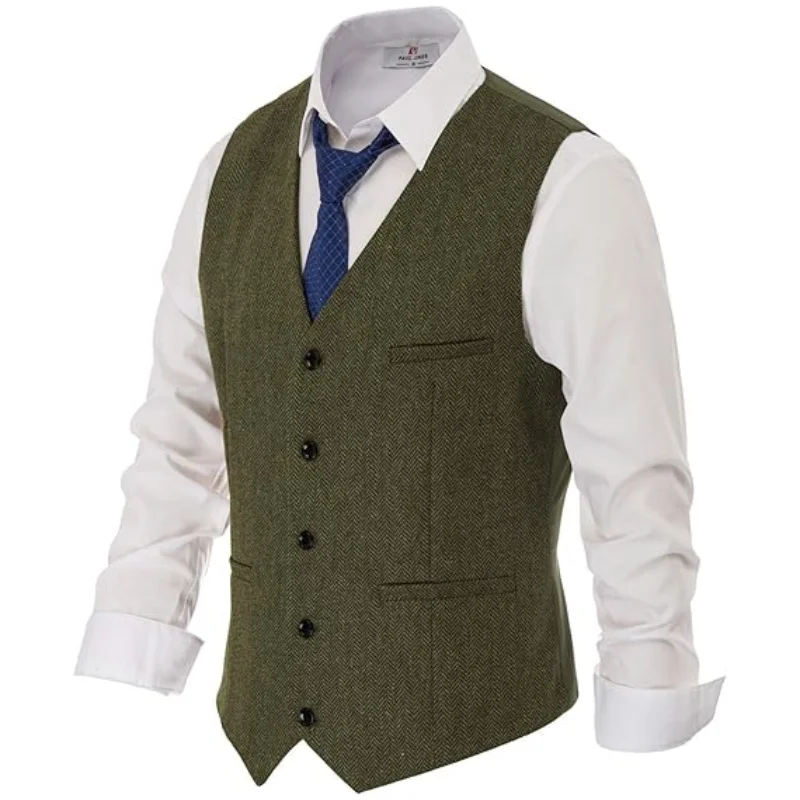 Men Vest Brown Herringbone Casual Business V Neck With Waistcoat For Wedding Groomsmen Banquet Work Set Men Vest