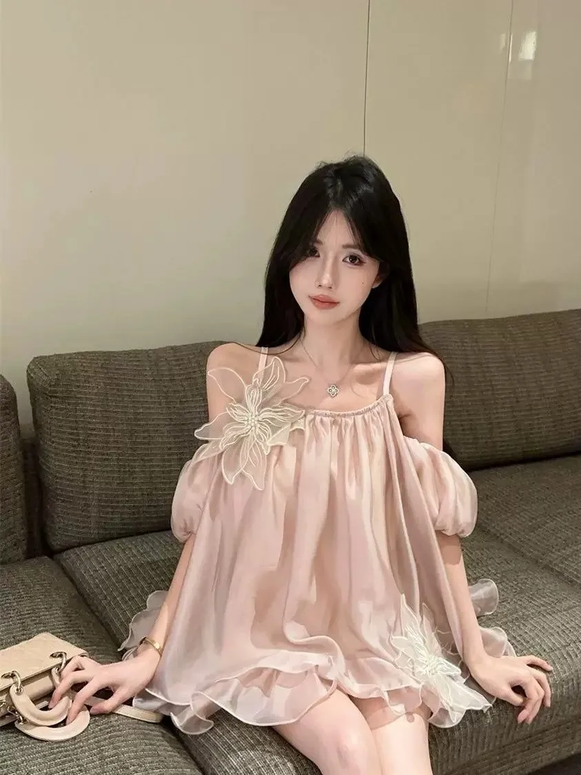 Extra Large Size 300 Pounds Gentle 3D Flower One Shoulder Top Sexy Versatile Ultra Fairy Korean Style Shirt T-Shirt Princess ...