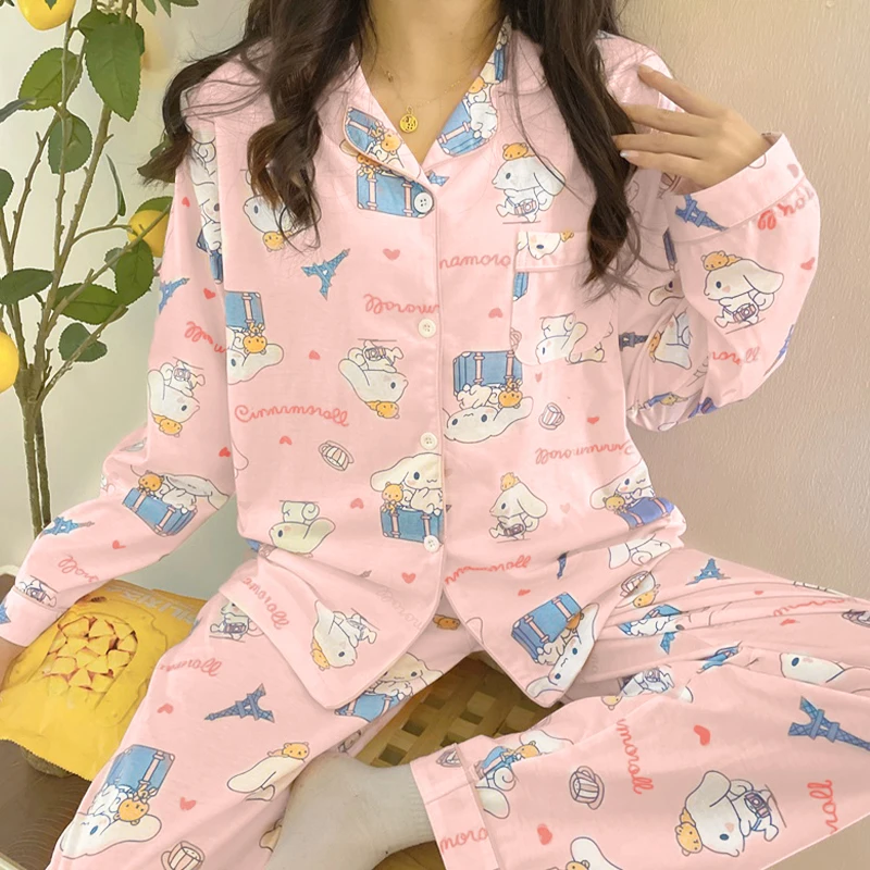 2pcs Sanrio Long Pajamas Hello Kitty Kawaii Short Sleeved Loose Sleepwear Pajamas Sets Short Clothes Girl Home Dress Gifts