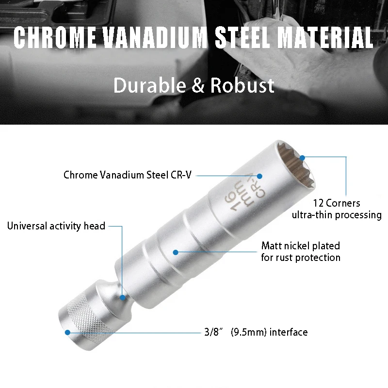 14mm 16mm Extend Spark Plug Socket Wrench Magnetic 12 Angle Repairing Removal Tool Thin Wall 3/8\