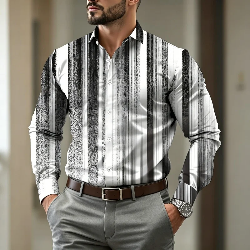 High quality men's shirt with vertical stripes, business casual long sleeved top, color blocking design, slim fit shirt XS-6XL