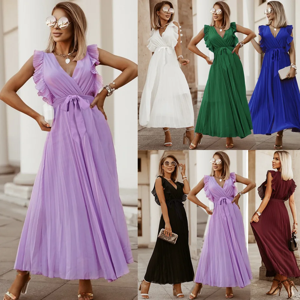 Fashion Bandage Beach Dress Summer Slim Sexy Lotus Leaf Sleeve Dresses Chiffon Pleated Skirt Solid Color Vestidos