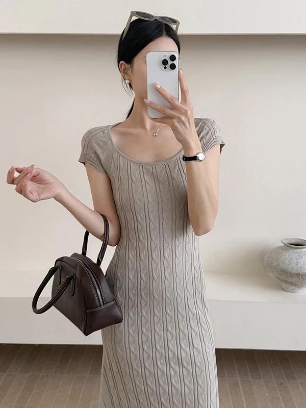 Pure Desire Sexy Square Ne ort Sve Knitted Dr Women's Summer High-End Slim Fit Midi Skirt Bodycon Dr