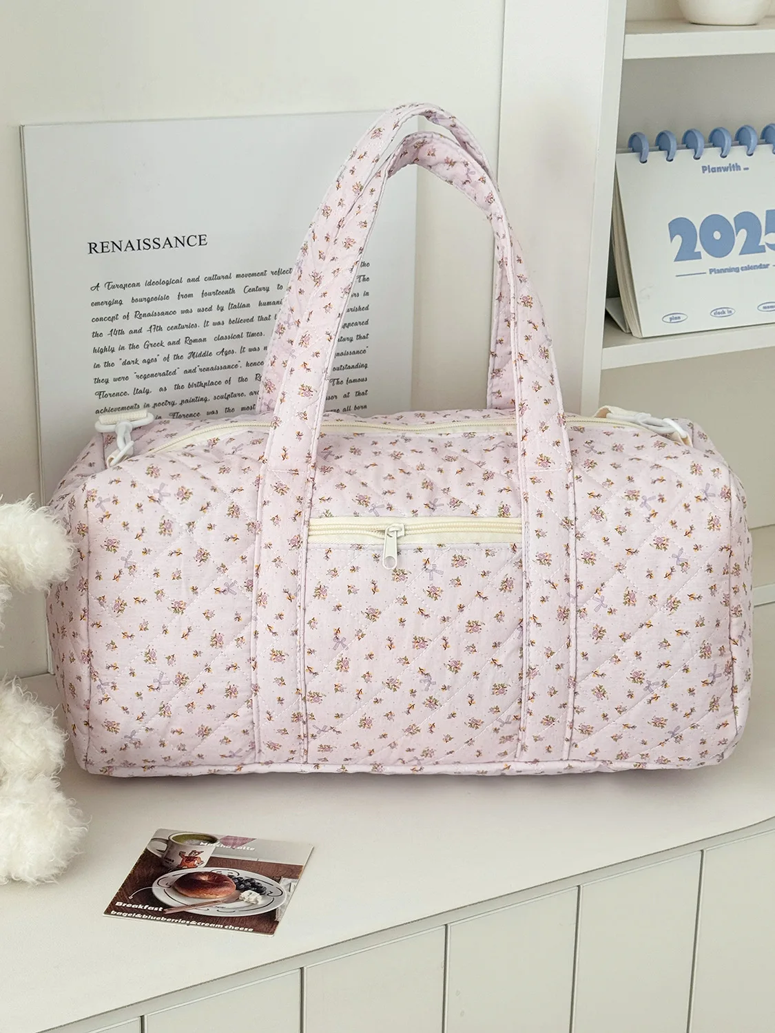 Sac de voyage matelassé à motif floral pour femmes, sac de voyage léger de grande capacité, sac à main Boston décontracté