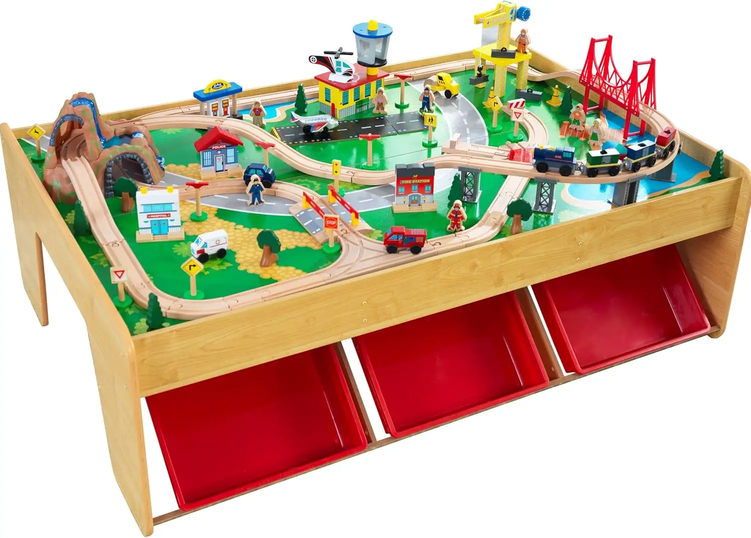 

Waterfall Mountain Wooden Train Set & Table with 120 Pieces, 3 Storage Bins