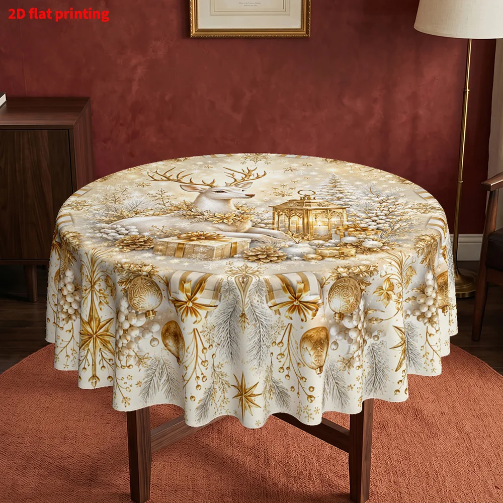 Pack of 1, 2D flat print round tablecloth, Christmas themed reindeer and lantern print