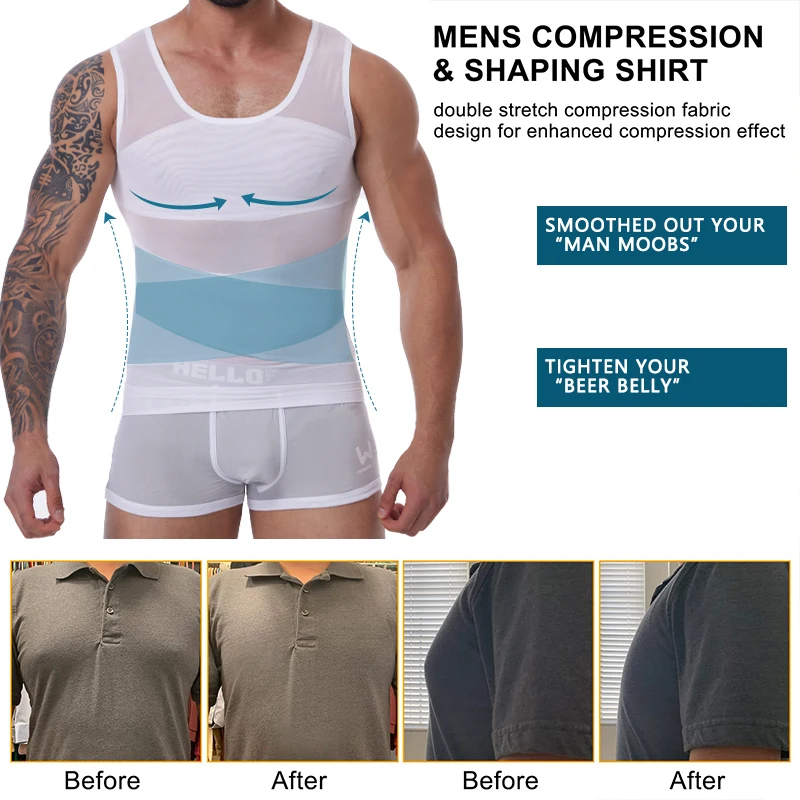 Mens Slimming Compression Shirts Flat Belly Body Shaper Undershirt Hide Gynecomastia Moobs Shapewear Vest Tummy Control Tank Top