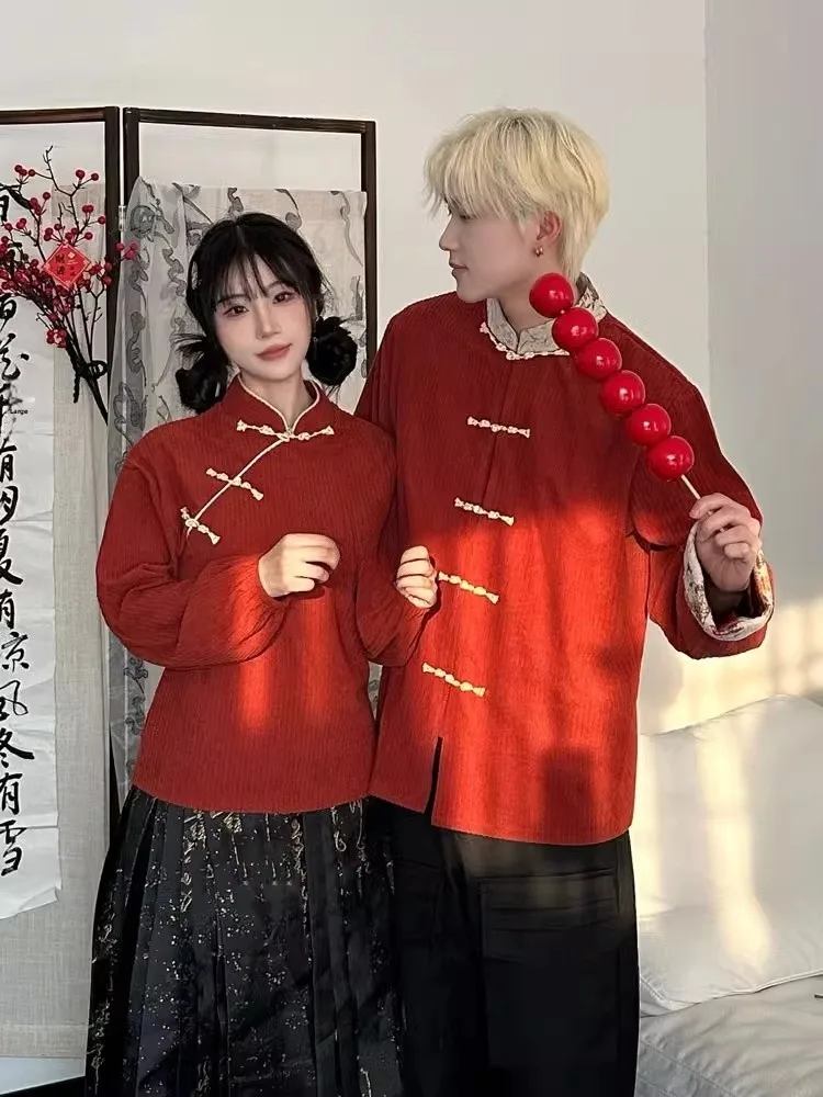 

New Chinese Style Couple Matching Red Shirt Face Skirt Spring Autumn Improved Hanfu Wedding Set Trendy Long Sleeve Butt...