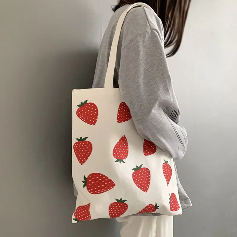 Women Canvas Tote Shopper Bag Large Eco Shopping Strawberry Printing Shoulder Bags for Girl  Female Student Foldable Handbag