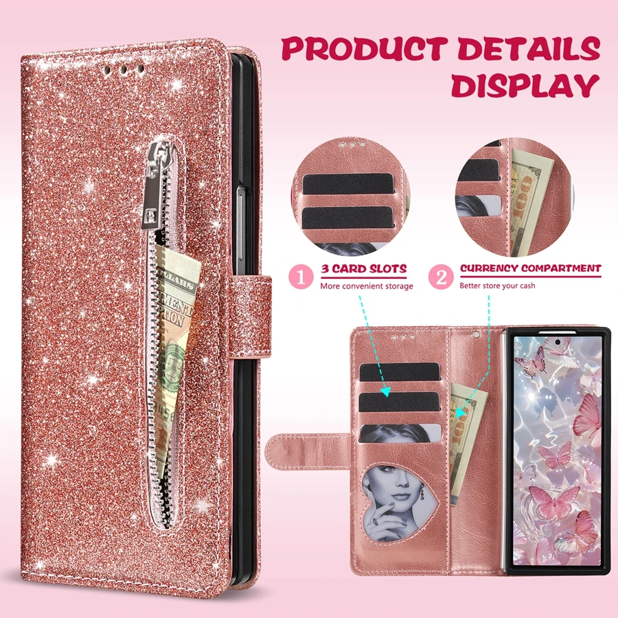 Wallet Fashion Glitter Zipper With Card Slot Kickstand Magnetic Flip Leather Case For Samsung Galaxy Z Fold 8 Ultra 7 6 5 Cover