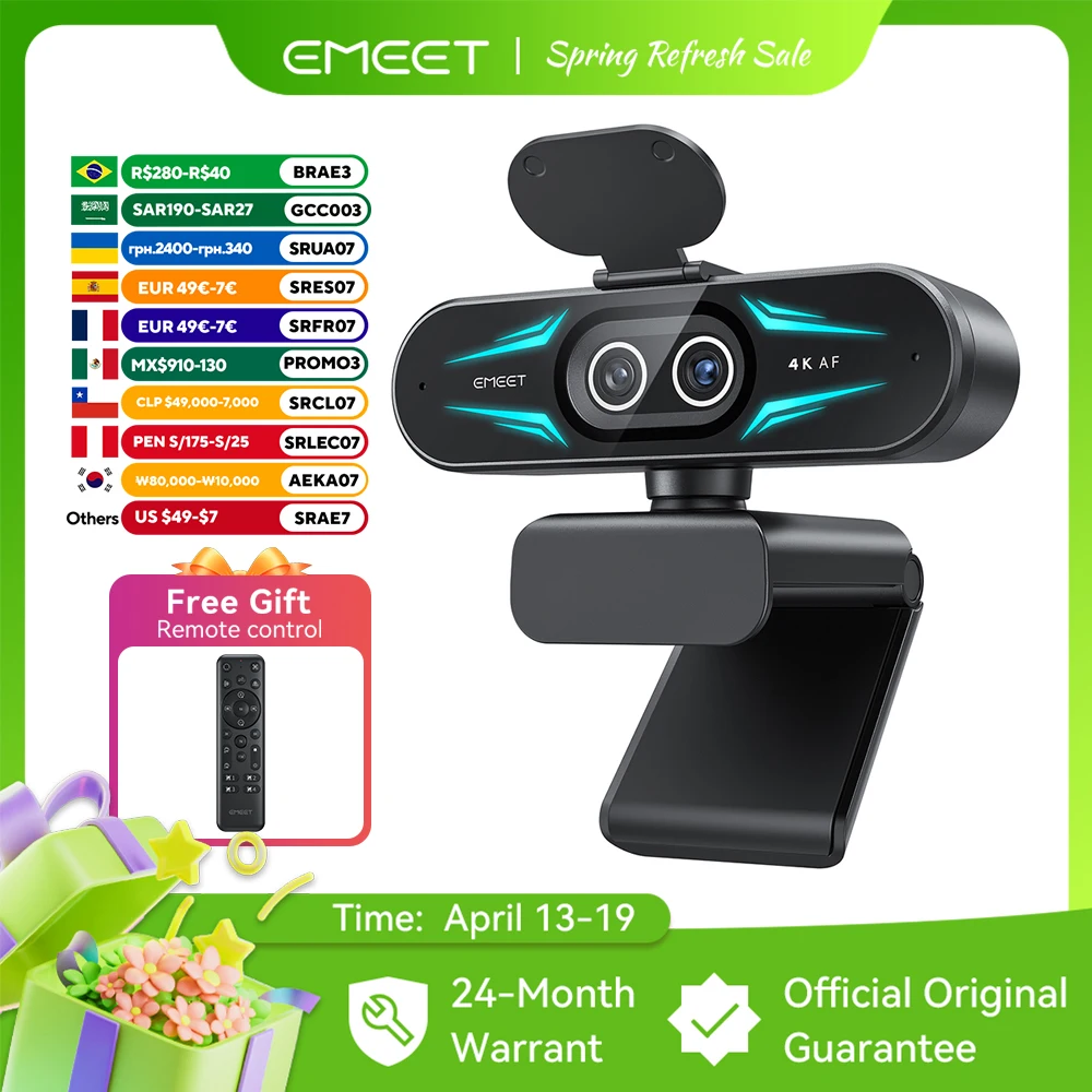 4K Webcam 1080P 60fps Web Camera EMEET C60E 4K Binocular USB Camera With RGB Light for Streaming/Gamer Video Camera for Computer