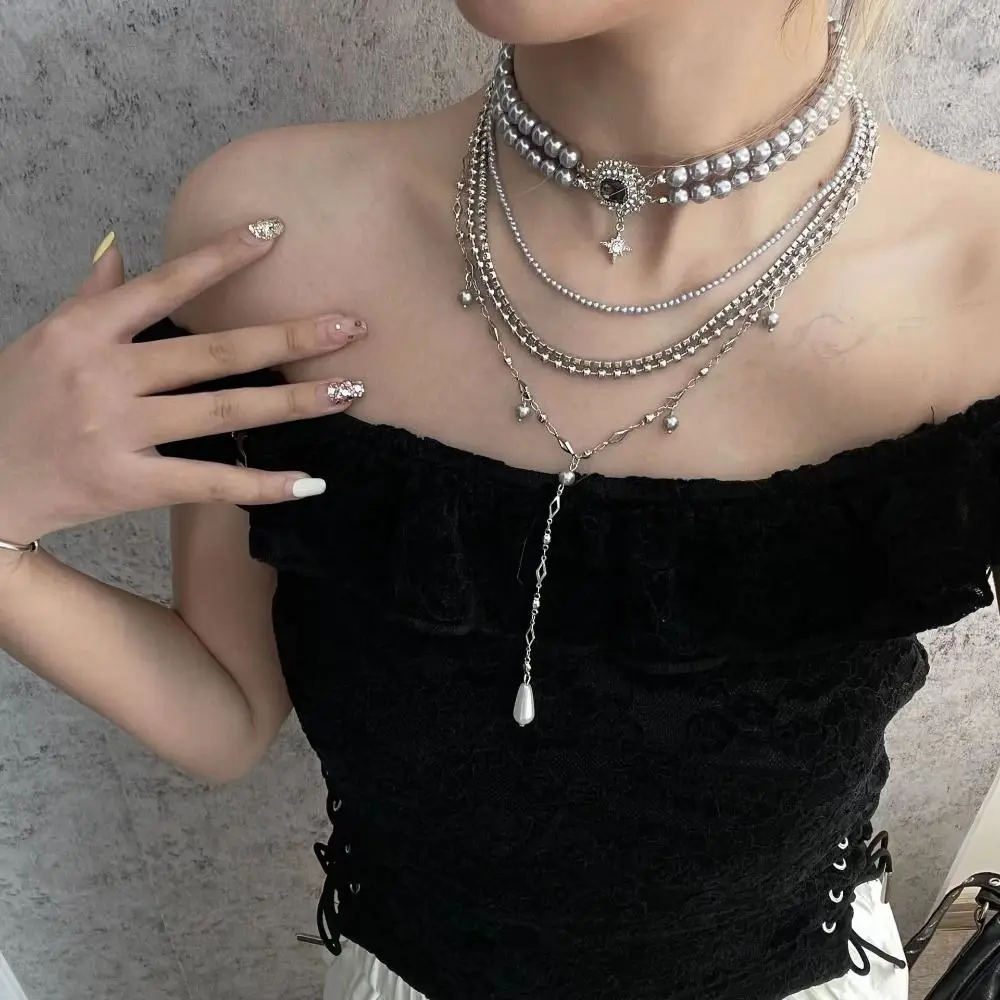 

Multilayer Stacked Cross Multi-Layer Pearls Necklace Stars Pendant Elegant Grey Pearl Long Tassel Necklace Trendy Retro