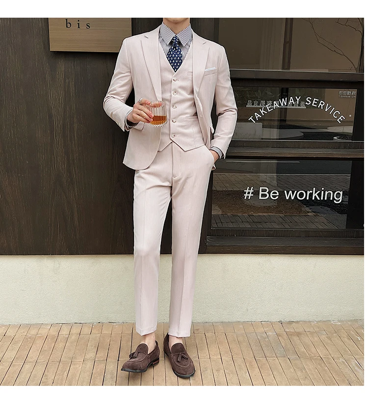 Men's Suit 3 Pieces Wedding Boyfriend Suit Pink Single Breasted Korean Style Slim Fit Casual Men's Professional Business Suit