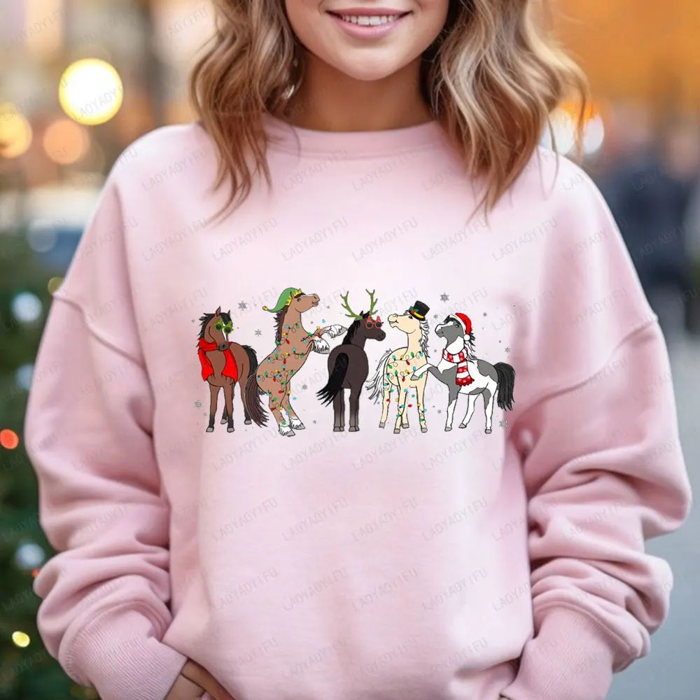 Hoppy Christmas Horse Lights Sweatshirt  Horse Party Printed Hoodies Hoodies Christmas Hat Woman Men Long Sleeve Sweater Tops