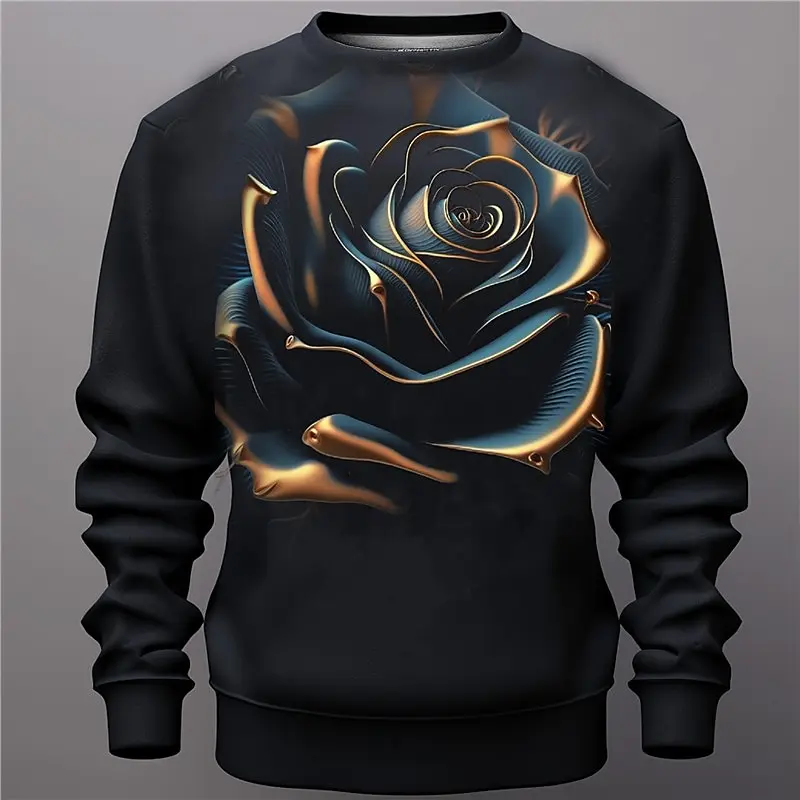 Pullover Sweatshirt For Men Rose Graphic Print Long Sleeve Tops Oversized O Neck Pullover Casual Streetwear Man Sweatshirts Top