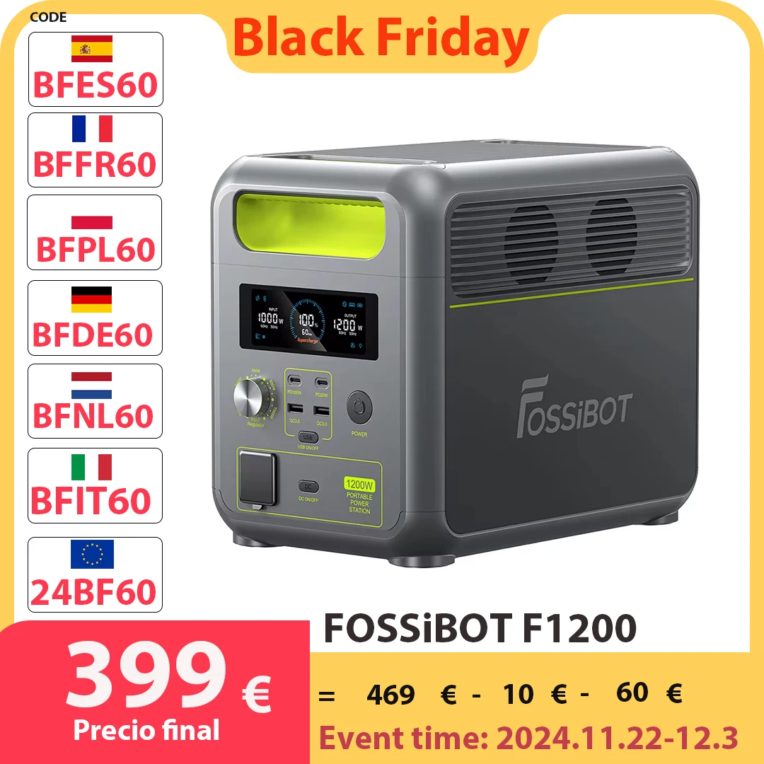 FOSSiBOT F1200 Portable LiFePO4 Power Station 1024Wh Capacity 1200W Rated Power 3 LED Light Modes 7 Output Ports BMS Protection