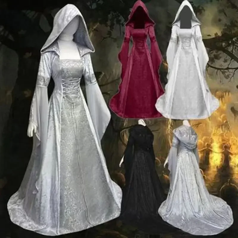 

2022 women's coswear medieval retro style wedding dress 4-color hooded waist dress cosplay # 1 # W.