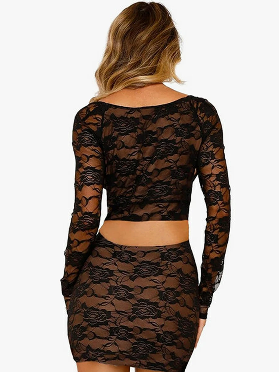 Women Lace Outfit Long Sleeve Top with Bra and Mini Bodycon Skirt Summer Outfit