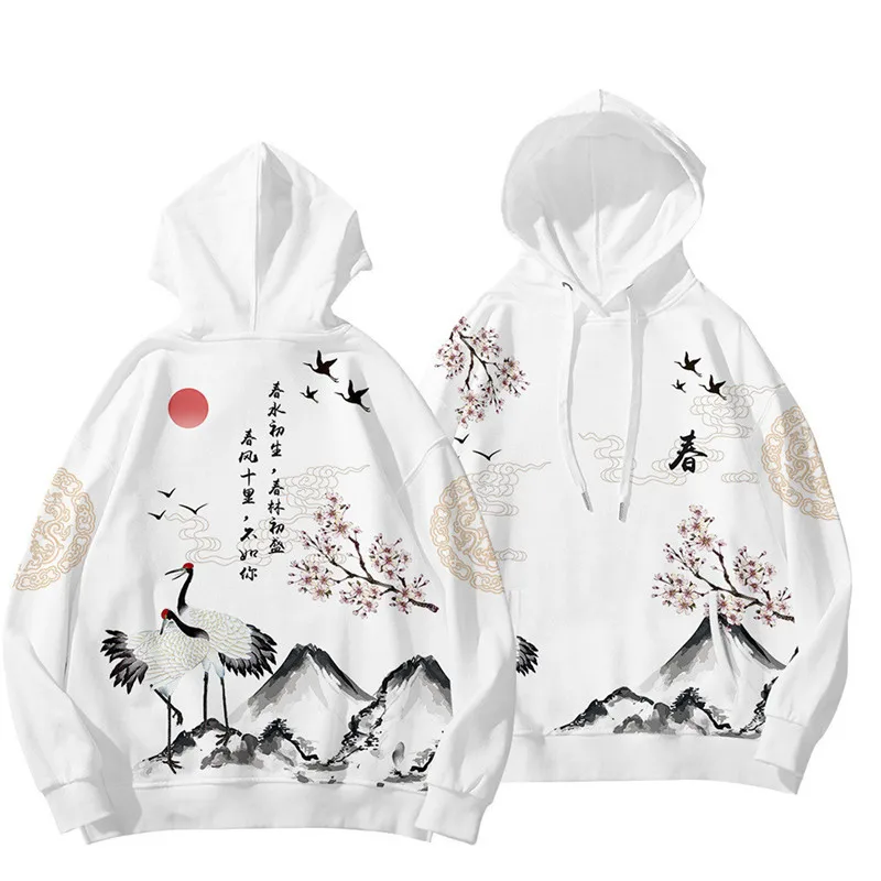 Men hip hop hoodies sweatshirt print crane harajuku streetwear hoodie fleece 2022 autumn winter hooded pullover oversized