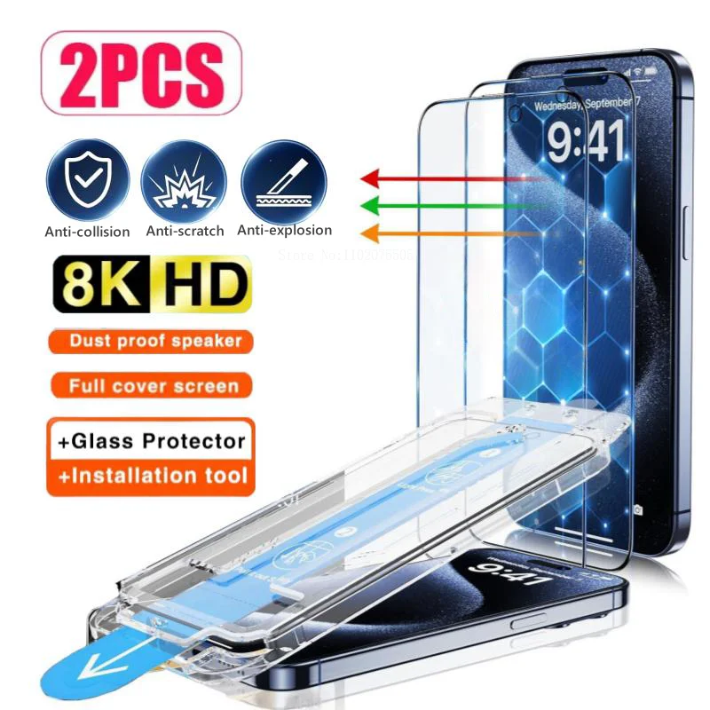 2PCS One-click Dust free Installation HD Screen Protector For iPhone 14 13 12 11 15 Pro Max Mini X XR XS MAX Protective glass