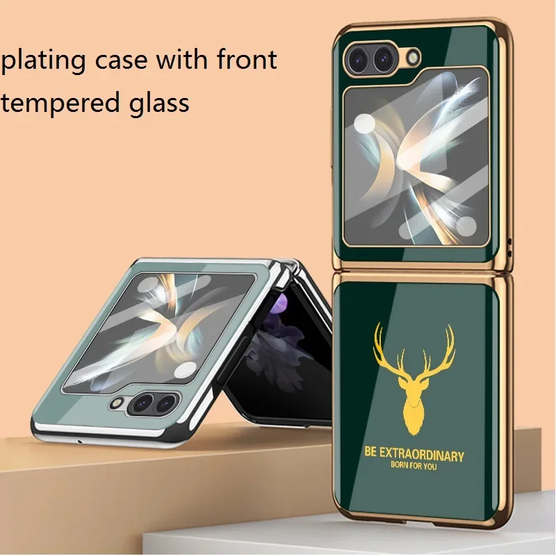 Luxury Elk Phone Case for Samsung Z Flip 4 5 6 Case Fashion Z Flip5 Flip6 Cover for Galaxy Z Flip 6 Case with Tempered Glass