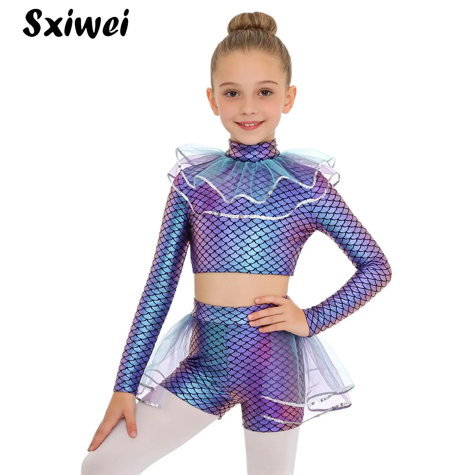 Girls Halloween Mermaid Princess Cosplay Costume Fish Scales Print Mesh Sequins Crop Top with Shorts Skating Ballet Dance Outfit
