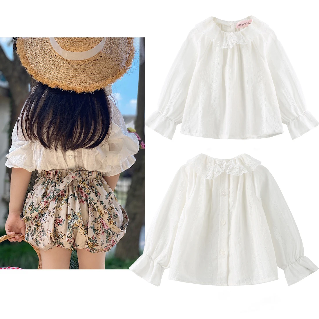Kids Girls Long Sleeve Tops Casual Blouses Lace Doll Collar Spring White Shirt Toddlers Girls Daily Versatile Clothes 1-5 Years