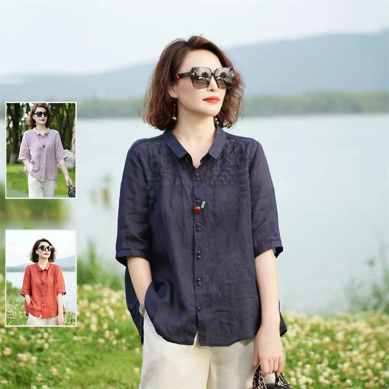 

Faionable Mommy Sle из лиоцеллового льна с вышивкой, повседневный тонкий топ свободного покроя, летний повседневный топ f Sve для женщин больших размеров