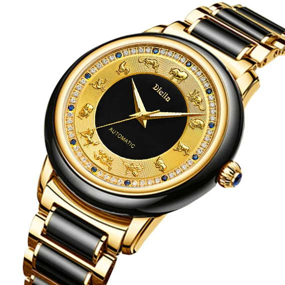 Dark Green Jade Automatic Watch 12 Zodiac Relief Dial Sapphire Glass Luminous Hands 5ATM Waterproof 2 Straps Optional