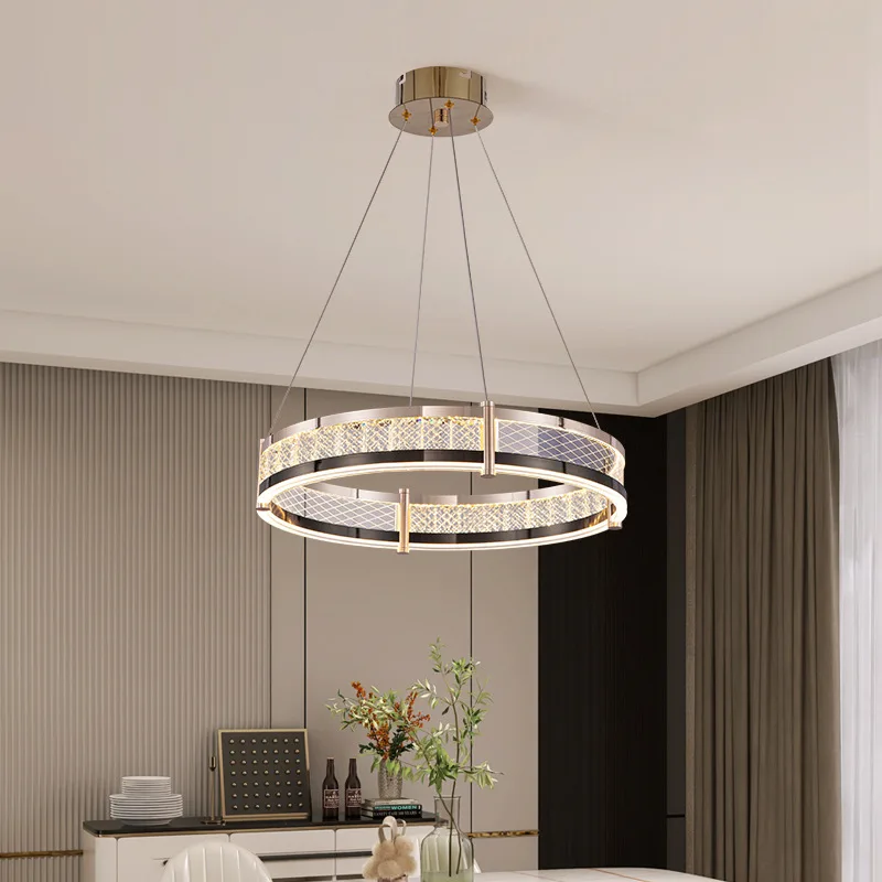 Simple and luxurious gold crystal circular LED pendant light, single circle and double circle living room dining room lobby