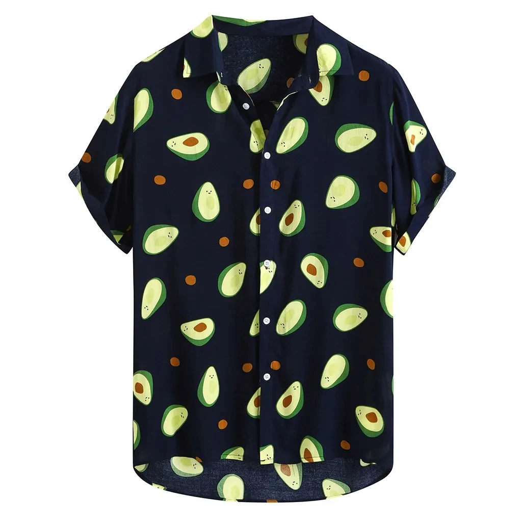 Unisex Hawaiia Avocado Camisas estampadas, casual, solta, tropical, manga curta, de botão baixo, alta qualidade, verão