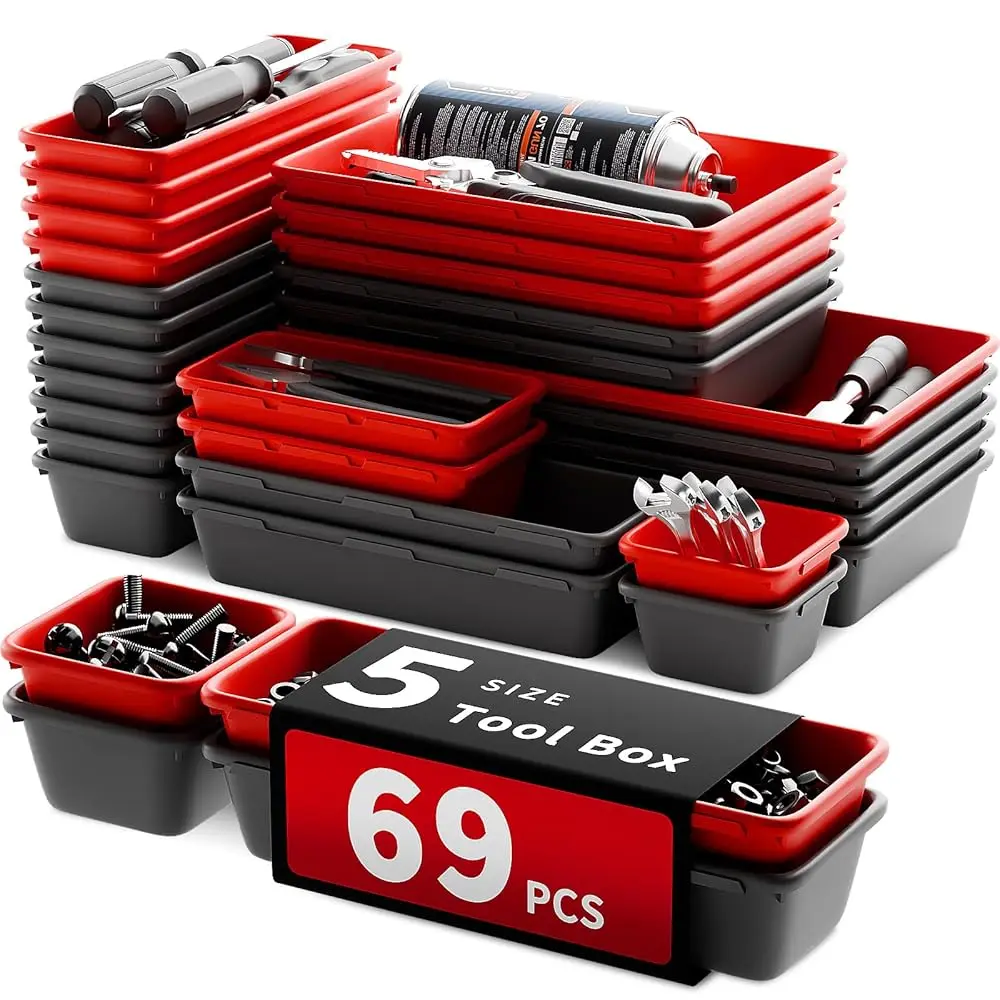 

[5 Sizes] [69 Pcs] Tool Drawer Organizer, Desk Tray, Rolling Chest, Toolbox (Black+Red)