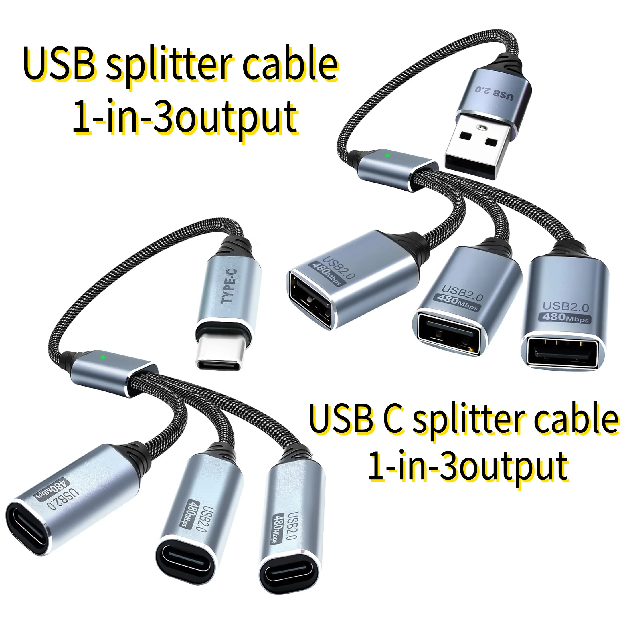 USB splitter cable 1-in-3output USB-A/Type-C expansion hub multi-USB port expansion converter for laptop computer keyboard/Mouse