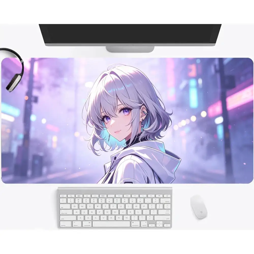 Pink Twin Tail Anime Girl Mousepad Futuristic Purple Gradient Game Playmat Keyboard Desk Accessory