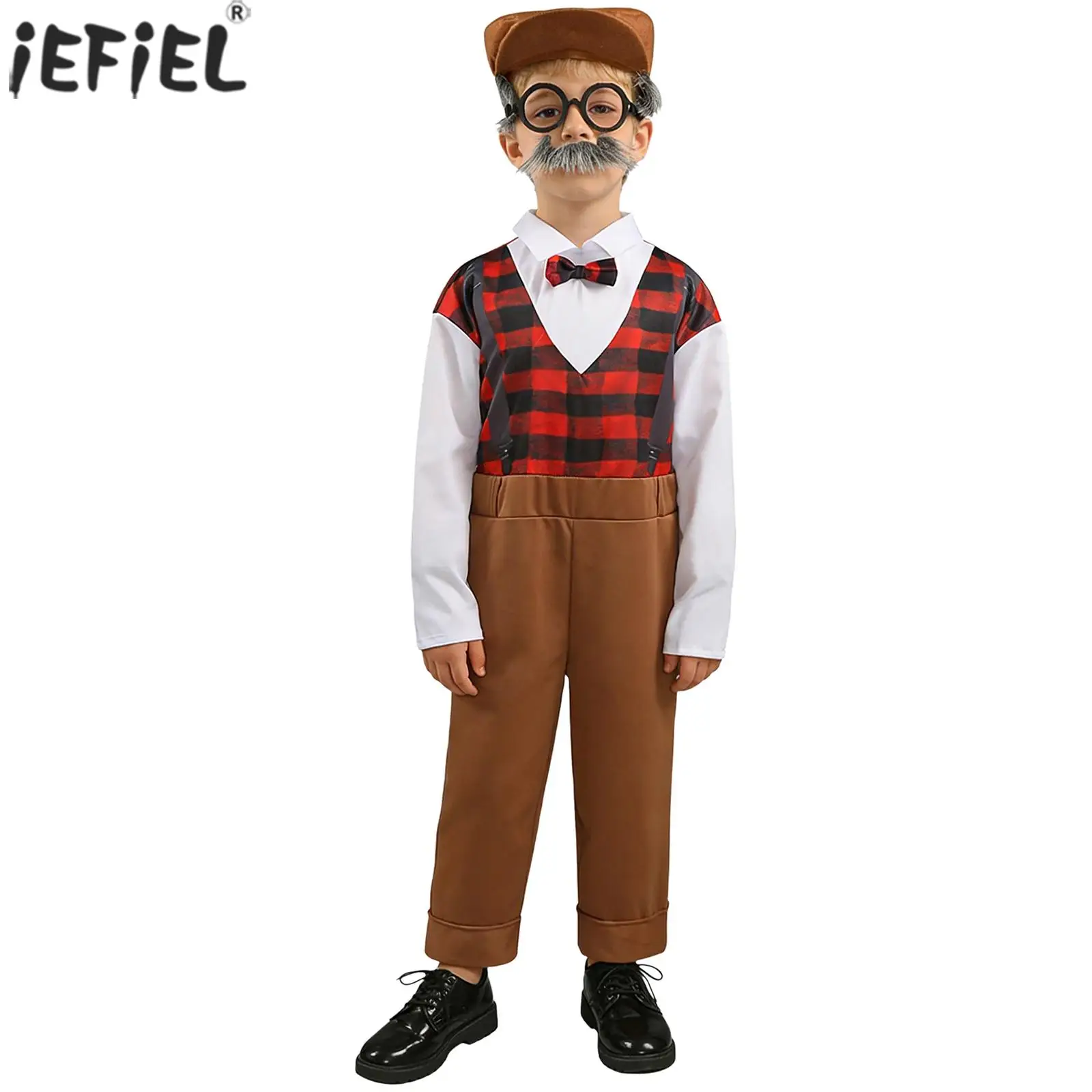 Kids Old Man Costume Boys Grandpa Cosplay Dress Up Long Sleeve Plaid Jumpsuit with Hat Glasses Fake Beard for Halloween School