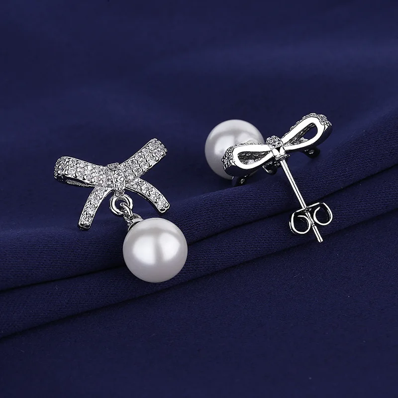 Women's New Fashion Cute Bowknot Drop Earrings Shiny Crystal Pearls Dangle Piercing Wedding Earring Stud Romantic Ear Jewelry image 5