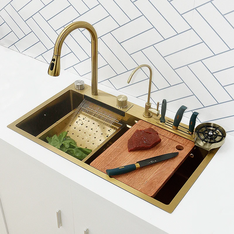 Waterfall Kitchen Sink Gold Stainless Steel Large Single Slot Multifuctional Basin With Knife Holder Left Side Drainage