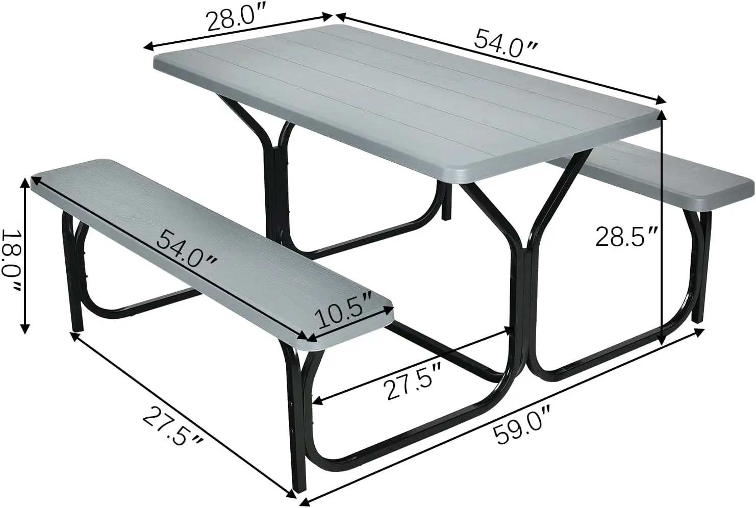 Hysache Picnic Table Bench Set, Patio All Weather Metal Base Camping Table Set w/Wood Texture Tabletop, Steel Frame, Large Campi