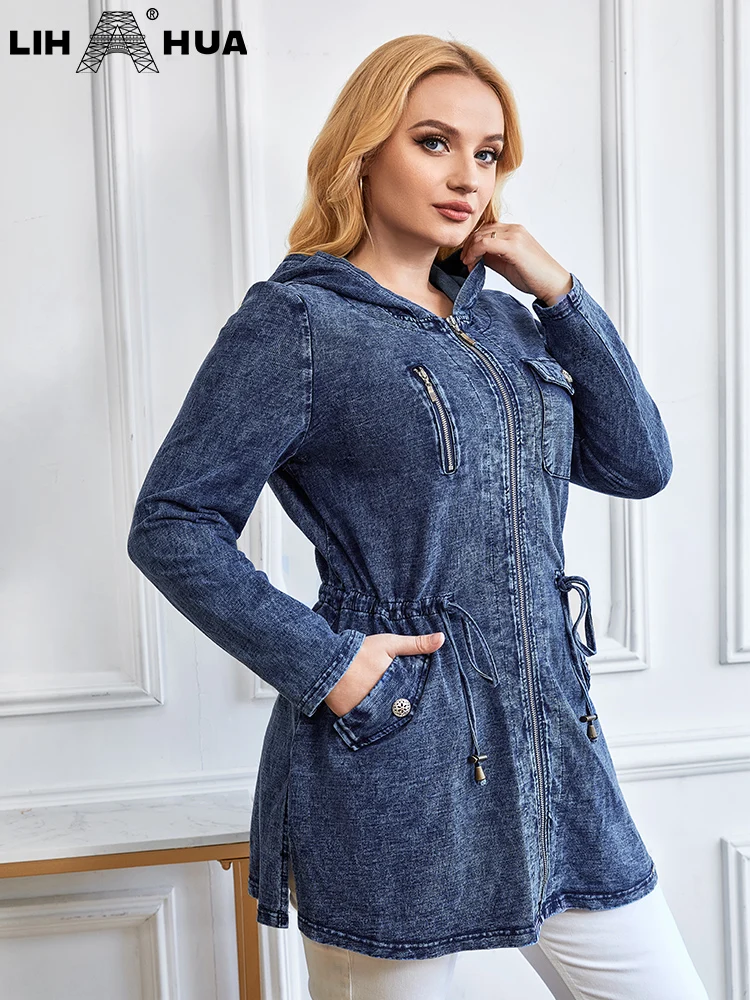 LIH HUA Women\'s Plus Size Denim Jacket Autumn Chic Elegant Jacket For Chubby Women Long Sleeved Cotton Knitting Hooded Jacket