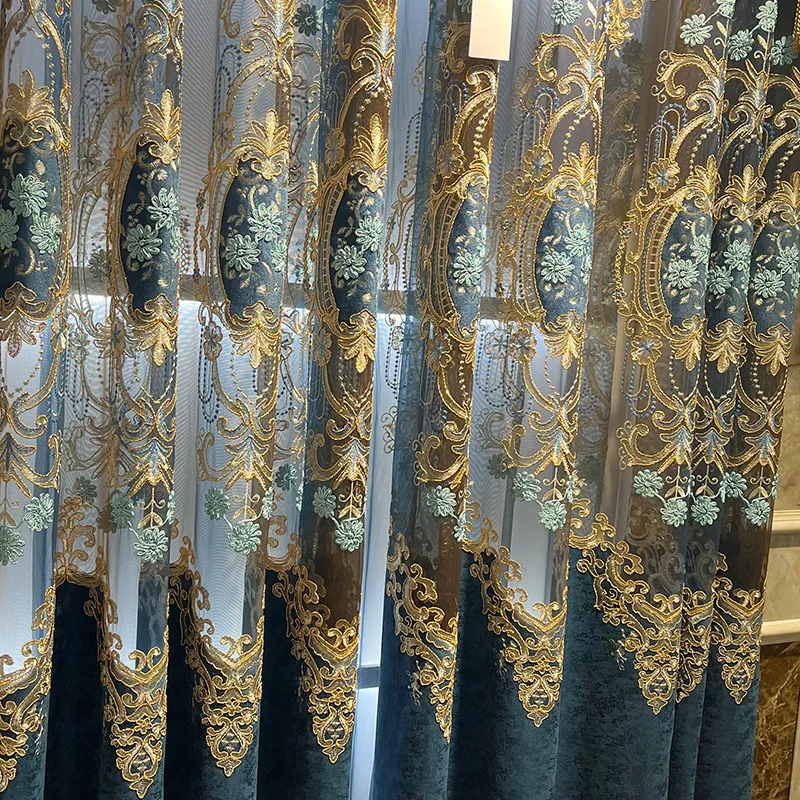 Custom upscale European Chenille hollow embroidered villa living room blue cloth blackout curtain tulle valance drape C1641