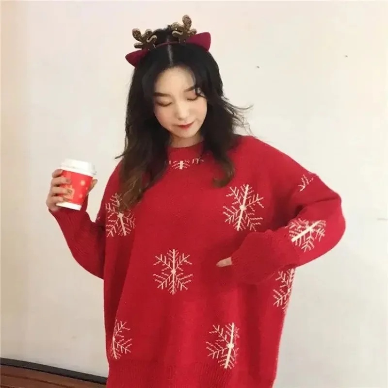 Elegant Knitted Pullover Sweater Red Jacquard Christmas Women's Outerwear Autumn New Style Round Neck Long Sleeve Top