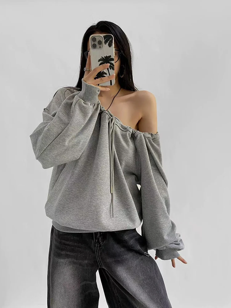 Y2K Slash Neck Drawstring Sweatshirt Women Autumn Loose Streetwear Sexy Off Shoulder Pullover American All Match Baggy Pullover